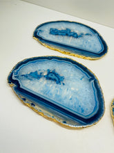 Load image into Gallery viewer, Set of 4 Blue polished Agate Slice drink coasters with gold Electroplating around the edges