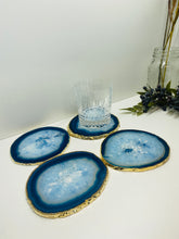 Load image into Gallery viewer, Set of 4 Blue polished Agate Slice drink coasters with gold Electroplating around the edges