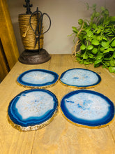 Load image into Gallery viewer, Set of 4 Blue polished Agate Slice drink coasters with gold Electroplating around the edges