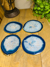 Load image into Gallery viewer, Set of 4 Blue polished Agate Slice drink coasters with gold Electroplating around the edges