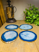 Load image into Gallery viewer, Set of 4 Blue polished Agate Slice drink coasters with gold Electroplating around the edges