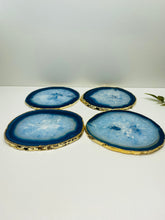 Load image into Gallery viewer, Set of 4 Blue polished Agate Slice drink coasters with gold Electroplating around the edges