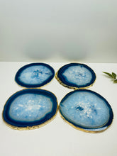 Load image into Gallery viewer, Set of 4 Blue polished Agate Slice drink coasters with gold Electroplating around the edges