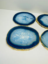 Load image into Gallery viewer, Set of 4 Blue polished Agate Slice drink coasters with gold Electroplating around the edges