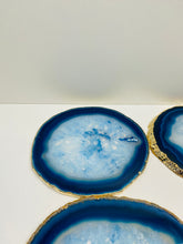 Load image into Gallery viewer, Set of 4 Blue polished Agate Slice drink coasters with gold Electroplating around the edges