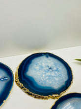 Load image into Gallery viewer, Set of 4 Blue polished Agate Slice drink coasters with gold Electroplating around the edges