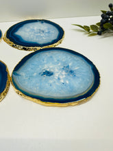 Load image into Gallery viewer, Set of 4 Blue polished Agate Slice drink coasters with gold Electroplating around the edges