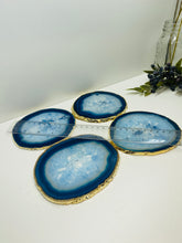 Load image into Gallery viewer, Set of 4 Blue polished Agate Slice drink coasters with gold Electroplating around the edges