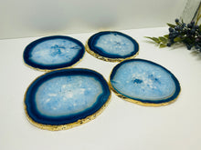Load image into Gallery viewer, Set of 4 Blue polished Agate Slice drink coasters with gold Electroplating around the edges
