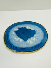 Load image into Gallery viewer, Set of 4 Blue polished Agate Slice drink coasters with gold Electroplating around the edges
