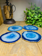 Load image into Gallery viewer, Set of 4 Blue polished Agate Slice drink coasters with gold Electroplating around the edges