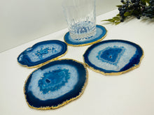 Load image into Gallery viewer, Set of 4 Blue polished Agate Slice drink coasters with gold Electroplating around the edges