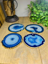 Load image into Gallery viewer, Set of 4 Blue polished Agate Slice drink coasters with gold Electroplating around the edges