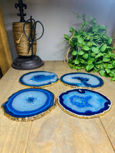 Load image into Gallery viewer, Set of 4 Blue polished Agate Slice drink coasters with gold Electroplating around the edges