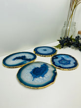 Load image into Gallery viewer, Set of 4 Blue polished Agate Slice drink coasters with gold Electroplating around the edges