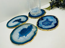 Load image into Gallery viewer, Set of 4 Blue polished Agate Slice drink coasters with gold Electroplating around the edges
