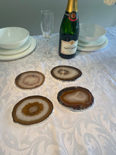 Load image into Gallery viewer, Set of 4 Natural polished Agate Slice drink coasters with Silver Electroplating around the edges 01