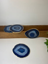 Load image into Gallery viewer, Set of 4 blue polished Agate Slice drink coasters with Gold Electroplating around the edges 02