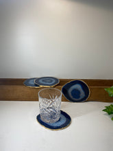 Load image into Gallery viewer, Set of 4 blue polished Agate Slice drink coasters with Gold Electroplating around the edges 02