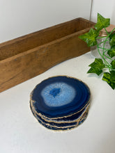 Load image into Gallery viewer, Set of 4 blue polished Agate Slice drink coasters with Gold Electroplating around the edges 02