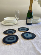 Load image into Gallery viewer, Set of 4 blue polished Agate Slice drink coasters with Gold Electroplating around the edges 02