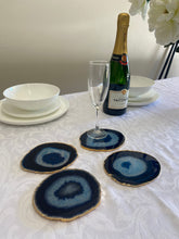 Load image into Gallery viewer, Set of 4 blue polished Agate Slice drink coasters with Gold Electroplating around the edges 02