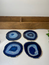 Load image into Gallery viewer, Set of 4 blue polished Agate Slice drink coasters with Gold Electroplating around the edges 02