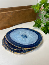 Load image into Gallery viewer, Set of 4 blue polished Agate Slice drink coasters with Gold Electroplating around the edges 03