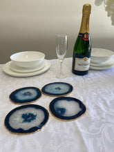 Load image into Gallery viewer, Set of 4 blue polished Agate Slice drink coasters with Gold Electroplating around the edges 03