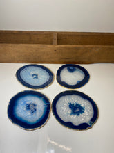 Load image into Gallery viewer, Set of 4 blue polished Agate Slice drink coasters with Gold Electroplating around the edges 03