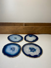 Load image into Gallery viewer, Set of 4 blue polished Agate Slice drink coasters with Gold Electroplating around the edges 03