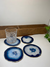 Load image into Gallery viewer, Set of 4 blue polished Agate Slice drink coasters with Gold Electroplating around the edges 03