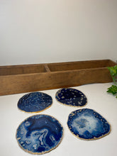 Load image into Gallery viewer, Set of 4 blue polished Agate Slice drink coasters with Gold Electroplating around the edges 05