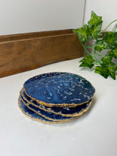 Load image into Gallery viewer, Set of 4 blue polished Agate Slice drink coasters with Gold Electroplating around the edges 05