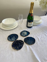 Load image into Gallery viewer, Set of 4 blue polished Agate Slice drink coasters with Gold Electroplating around the edges 05