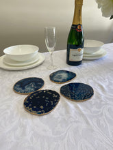 Load image into Gallery viewer, Set of 4 blue polished Agate Slice drink coasters with Gold Electroplating around the edges 05