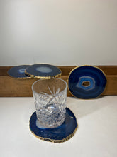 Load image into Gallery viewer, Set of 4 blue polished Agate Slice drink coasters with Gold Electroplating around the edges