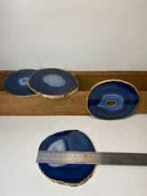 Load image into Gallery viewer, Set of 4 blue polished Agate Slice drink coasters with Gold Electroplating around the edges