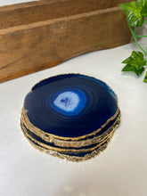 Load image into Gallery viewer, Set of 4 blue polished Agate Slice drink coasters with Gold Electroplating around the edges