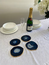Load image into Gallery viewer, Set of 4 blue polished Agate Slice drink coasters with Gold Electroplating around the edges