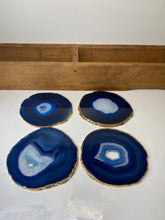 Load image into Gallery viewer, Set of 4 blue polished Agate Slice drink coasters with Gold Electroplating around the edges