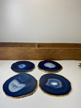 Load image into Gallery viewer, Set of 4 blue polished Agate Slice drink coasters with Gold Electroplating around the edges