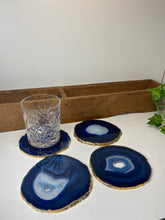 Load image into Gallery viewer, Set of 4 blue polished Agate Slice drink coasters with Gold Electroplating around the edges