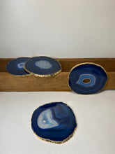 Load image into Gallery viewer, Set of 4 blue polished Agate Slice drink coasters with Gold Electroplating around the edges