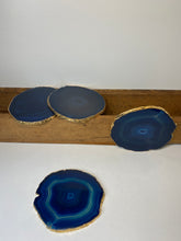 Load image into Gallery viewer, Set of 4 blue polished Agate Slice drink coasters with Gold Electroplating around the edges 07