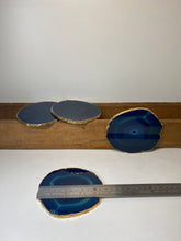 Load image into Gallery viewer, Set of 4 blue polished Agate Slice drink coasters with Gold Electroplating around the edges 07