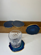 Load image into Gallery viewer, Set of 4 blue polished Agate Slice drink coasters with Gold Electroplating around the edges 07