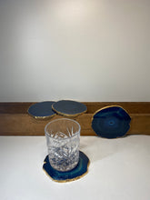 Load image into Gallery viewer, Set of 4 blue polished Agate Slice drink coasters with Gold Electroplating around the edges 07