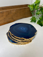 Load image into Gallery viewer, Set of 4 blue polished Agate Slice drink coasters with Gold Electroplating around the edges 07