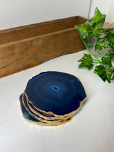 Load image into Gallery viewer, Set of 4 blue polished Agate Slice drink coasters with Gold Electroplating around the edges 07